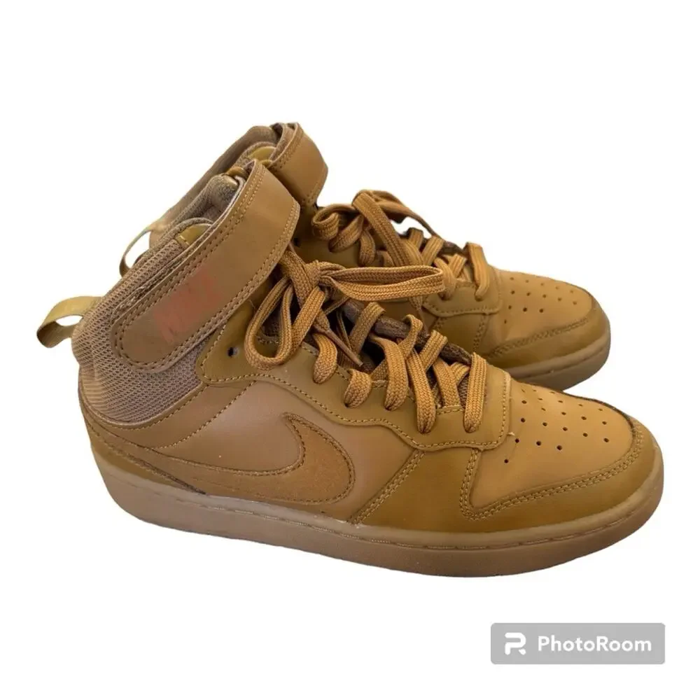 Nike Boys Court Borough Mid 2 Leather Sneakers Athletic Shoes Wheat Lt B…